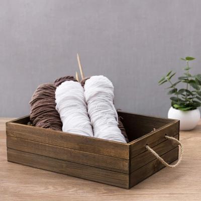 China Europe rustic brown wooden storage box with rope handle, small wooden box with decorative opening top for sale