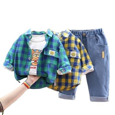 China Casual 2023 Spring Autumn Children Baby Boys 3PCS Clothing Set Plaid Shirts Cartoon Printed Sweatshirt Jeans Pants Boy Clothes Sets for sale