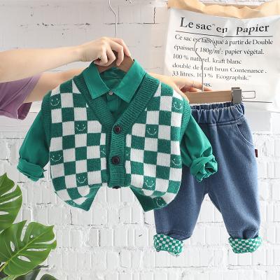 China Fashion\comfortable\durable Baby Boy Clothes Children's clothing autumn suit 2022 new trendy boy foreign style V-neck plaid sweater vest solid color long-sleeved shirt three for sale