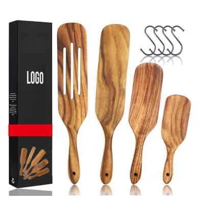 China Hot Selling Spurtles Non Stick Kitchen Natural Dark Teak Viable 4 Batteries Wooden Stirring Tool Kit for sale