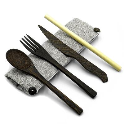 China Custom Fork Straw Spoon Logo Knife Set Black Coconut Wooden Cutlery Eco-Friendly Gift 100% Natural High Quality Viable for sale