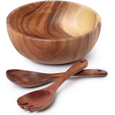 China Amazon Sustainable Best Seller Acacia Fruit Food Wooden Bowl 10 14 16 18 20cm Set With Salad Spoons Server for sale