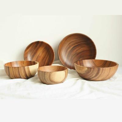 China High Quality Sustainable Large Round Fruit Salad Rice Nuts Food Natural Reusable Polished Wooden Serving Bowl for sale