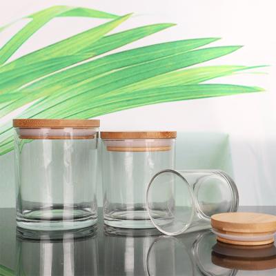 China Professional Classic Supplier Private Label Mini Small Transparent Clear Empty Glass Candle Jars With Bamboo Wooden Lids for sale