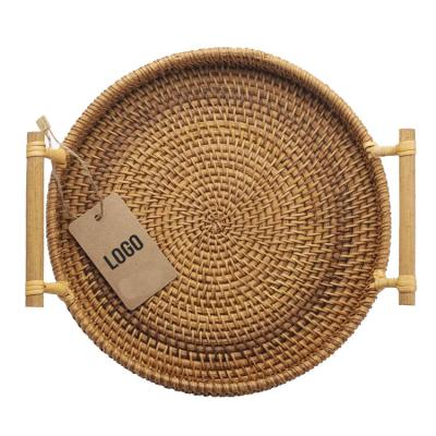 China New Fashion Sustainable Craft Sustainable Brown Table Storage Wood Rattan Zero Waste Tray for sale