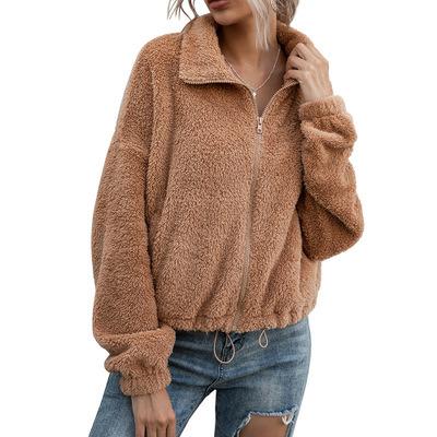 China New autumn and winter women's anti-wrinkle solid color plush lapel shorts blouse drawstring hoodie loose double-sided coat for sale