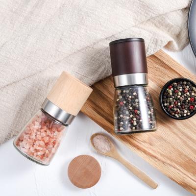 China 140ml Salt and Pepper Crusher Wooden Spice Grinder Spice Salt and Pepper Grinder High Quality Viable Adjustable Glass Grinder for sale