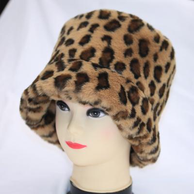 China Leopard Print Bucket Hats Faux Fur Fluffy Winter Hat With Satin Lining for sale