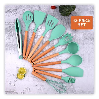 China Sustainable Wooden Handle Silicone Cooking Utensils 12-Piece Kitchen Utensil Set Non-Stick Silicone Spatula Soup Spoon Cooking Utensils for sale