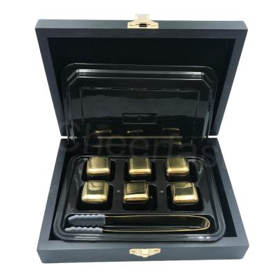 China Quickly Shipping Viable Metal Whiskey Ice Cube Stone In Wooden Box Packing And Reusable 6pcs Gold Square Stainless Steel Ice Cubes for sale