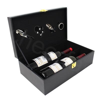 China Black Leather Portable Cheerfast 4 Bar Viable Bar Travel Wine Gift Box Double Storage 2 Box Bottle Wine Accessory and Wine Box for sale