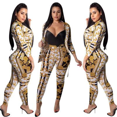 China New casual fashion hot sale ladies print suit all-match long-sleeved jacket and pants two-piece suit for sale