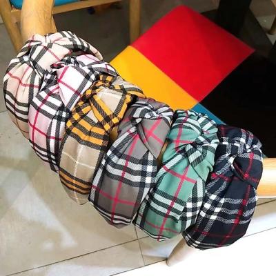 China New Fashion Trendy Plaid Headband Wild High End Cloth Hair Band Signed Wide Side Knotted Hair Band Jewelry for sale