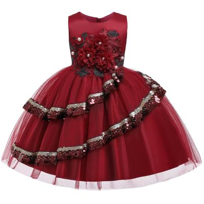 China New European and American princess dress embroidered beaded flower children's dress, irregular children's sequined dress, costumes for sale