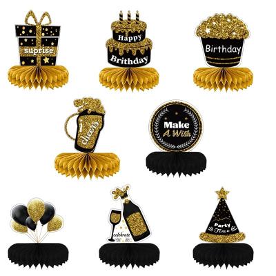 China Wholesale Birthday Party Paper Decoration 8 Pieces Gold Honeycomb Black Paper Centerpiece Decorative Advertisements for sale