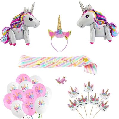 China Hot New Fashionable Unicorn Theme Birthday Party Favor Decoration Supplies Unicorn Balloons Sash Headband Party Decorations for sale