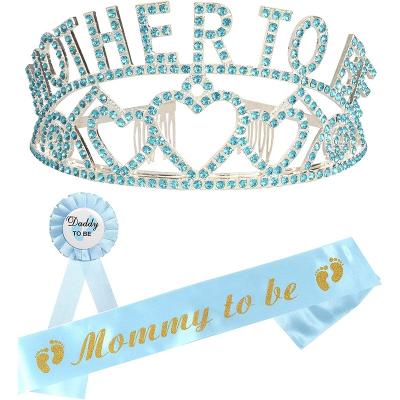 China Wholesale Decorative Decoration Blue White Pink Baby Shower Dad To Be Badge Mom To Be Sash With Rhinestone Tiara for sale