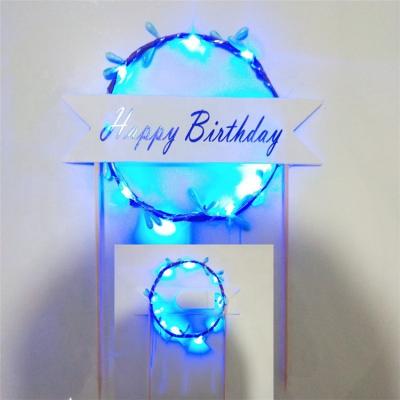 China Birthday Party Props Party Decoration Supplies Blue Happy Birthday Cake Toppers LED Light Happy Birthday Gift Cake Banner for sale