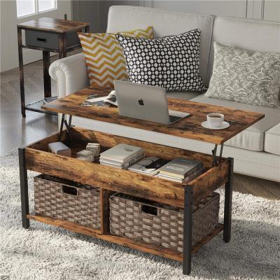 China Modern Convertible Multifunctional Lift Up Top Coffee Table With Rattan Baskets Paper Floating Shelves for sale