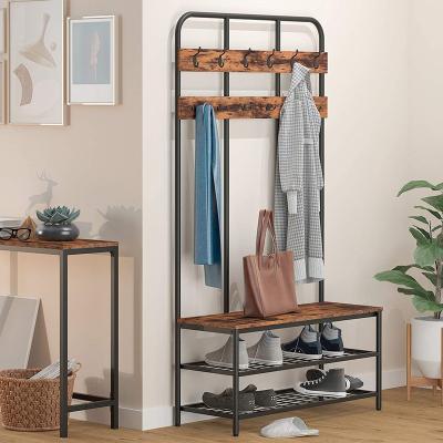 China Industrial Vintage Metal View 3 Tier (Other) Hall Tree Shoe Rack Organizer Coat Hanger Tree Adjustable With Storage Bench for sale