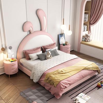 China Lovely Girls Cartoon Leather Princess Bed Bunny Ears Headboard Pink Kid Modern Bedroom Furniture for sale