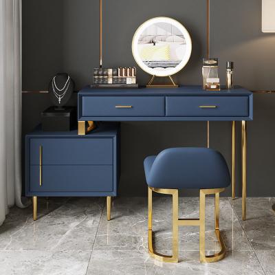 China Fancy Storage Designs Girls Bedroom Mini Led Mirrored Blue Leather Cosmetic Vanity Dressing Table With Stools for sale