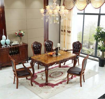 China Customized Solid Wood Set of European Style Antique Luxury Marble Top Dining Table Fancy Dining Room Furniture Set for sale