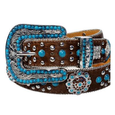 China Western Horse Hair Cowboy Girl Brown Turquoise Berries Navy Blue Hair Rhinestone Nail Belt 115cm for sale