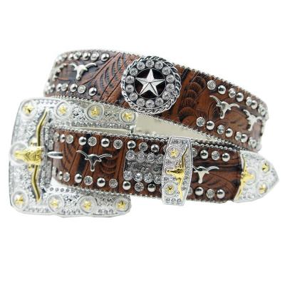 China ALLOY Brown High Quality Brindle Star Concho Rhinestone Western Men's Buckle Belt 115cm for sale