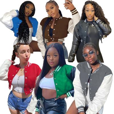 China 2021 Viable Wholesale Women's Blank Letterman Jackets Custom Made Simple Crop College Jacket Women With Leather Sleeve for sale