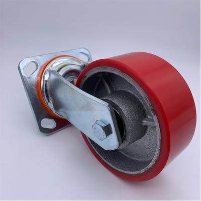 China 125 mm Swivel Red Polyurethane Tread Iron Caster for sale