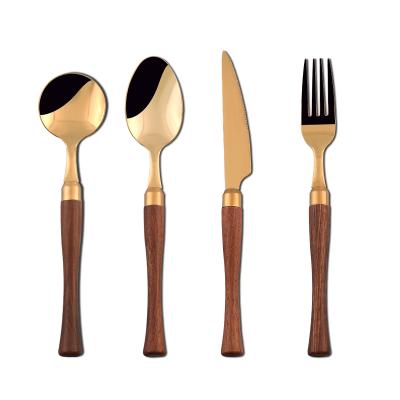 China New 2022 Viable New Hot Selling Wooden Handle Cutlery Set Wholesale Cheap Stainless Steel Flatware Set for sale