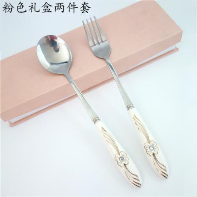 China Durable Ceramic Handle Stainless Steel Spoon And Fork 2pcs Travel Portable Cutlery Set For Gift for sale