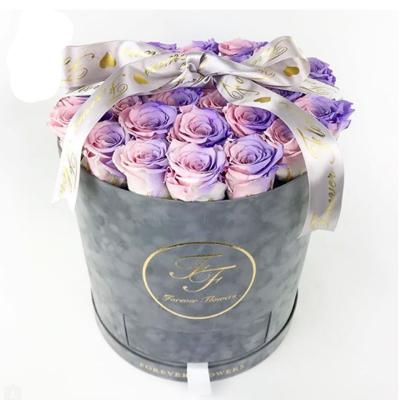 China Handmade Romantic Round Purple Velvet Flower Box Flowers Gift Storage Boxes Stamping Black Logo Popular for sale