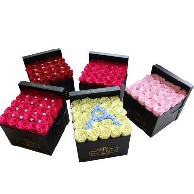 China Handmade Popular Rose Preserved Flower With Square Flower Box Cardboard Flower Box For Preserved Roses for sale