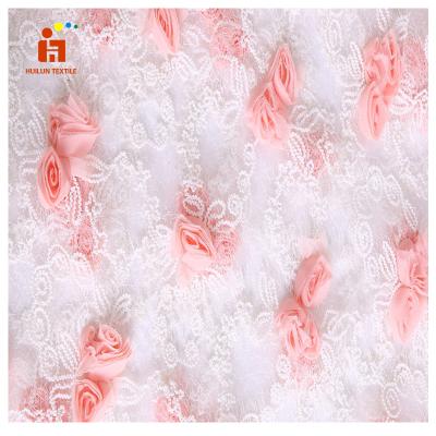 China HLTP073 Viable Hot Selling Cute Flower Pink Lace Fabric 3D Embroidery Lace Fabric For Dress for sale