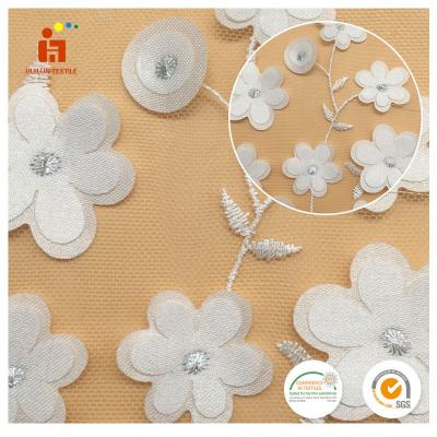 China Breathable Modern Popular Style 3D Mesh Chiffon African Flower Lace Embroidery Fabric For Wedding Dress for sale