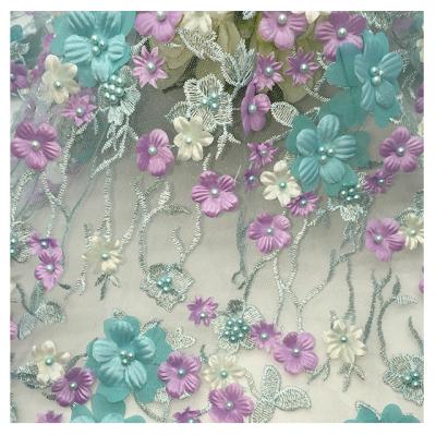 China Breathable Mesh Lace 3D Flower Bead Embroidery Baby Girl Women Kids Fabric Wedding Dress Underwear Fabric for sale