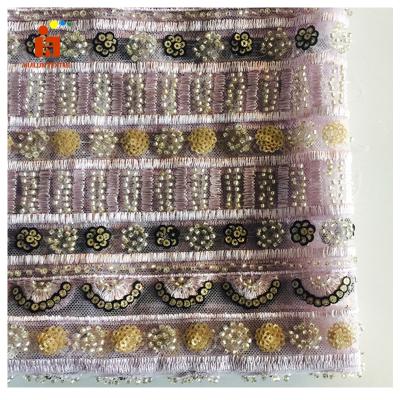 China HLSD185# Hand Embroidery Anti-static Sequin and Tulle Fabric Gold Sequin Mesh Beaded Embroidery Fabric for sale