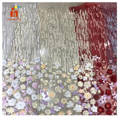 China HLSD199 Viable Flower Embroidery Tulle Fabric Beaded Flower Embroidery Tulle Fabric for sale