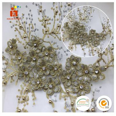 China Shaoxing Textile Good Quality 3d Flower Anti-static Heavy Lace Beaded Floral Embroidered Tulle Fabric For Dress for sale