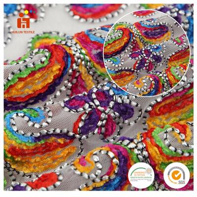 China Viable China Textile Factory Colorful Mesh Embroidery African Rope Lace Fabric Rhinestone Applique for sale