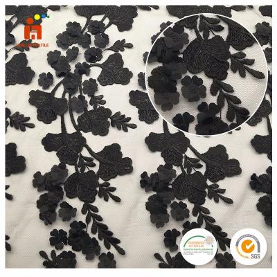 China Breathable High Quality Polyester Lace Mesh Black Flower Leaf Laser Cut Embroidery Fabric for sale