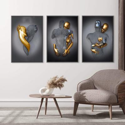 China Wall Art Gold Metal Figure Statue Abstract 3d Decorative Picture Frameless Canvas Waterproof Printing For Decorate Background Wall for sale