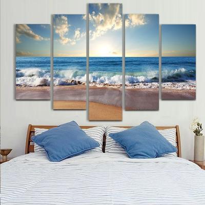 China Large Waterproof Modern Sea View Gallery Wrap Ocean Beach Wave 5 Panel Canvas Painting Wall Art for sale