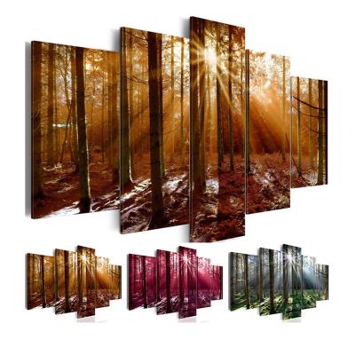 China Waterproof 5 Panel Framed Abstract Landscape Autumn Forest Canvas Wall Art Painting 3 Colors for sale