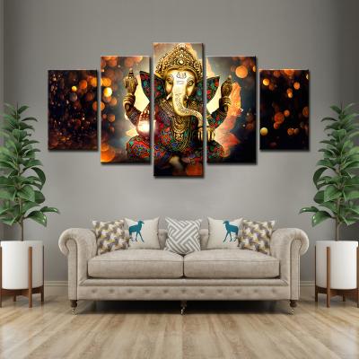 China Lord Ganesha Waterproof 5 Panels Indian Religious God Nose Elephant Oil Canvas Painting Wall Art Picture for sale