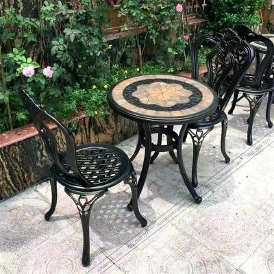 China Modern Round Terrace Table Set Outdoor Three Piece Cast Aluminum Balcony 2+1 Combination Table And Chair Furniture Set Small Porcelain for sale