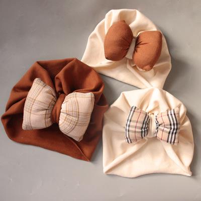 China Ins Fashion Spring Autumn Toddlers Headwear Cotton Bow Lattice Cute Kids Headband Baby Boy Newborn Hat for sale