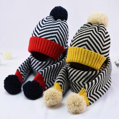 China Fashionable Plush Winter Baby Kids Beanie Cotton Knitted Print Plush Ball Kids Hats Scarves Sets for sale